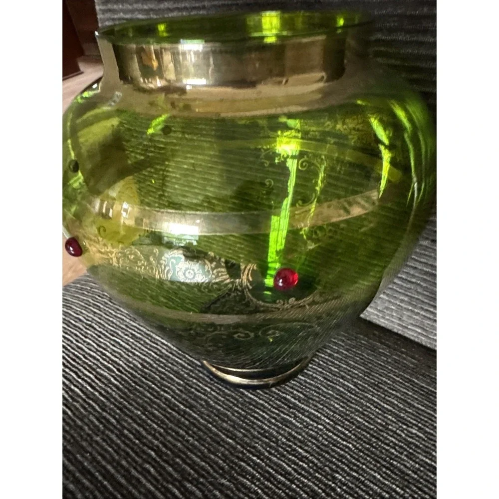 Antique Bohemian Green Glass Vase Gold‎ Gilt & Red Cabochon Jeweled Art Glass 8